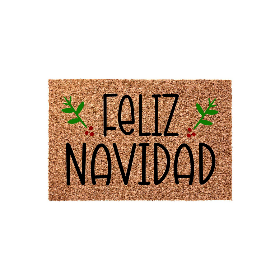 Feliz Navidad Christmas doormat featuring a natural coir texture with black lettering and festive green holly leaves with red berries, creating a welcoming holiday entrance for your front porch decor during the winter season.