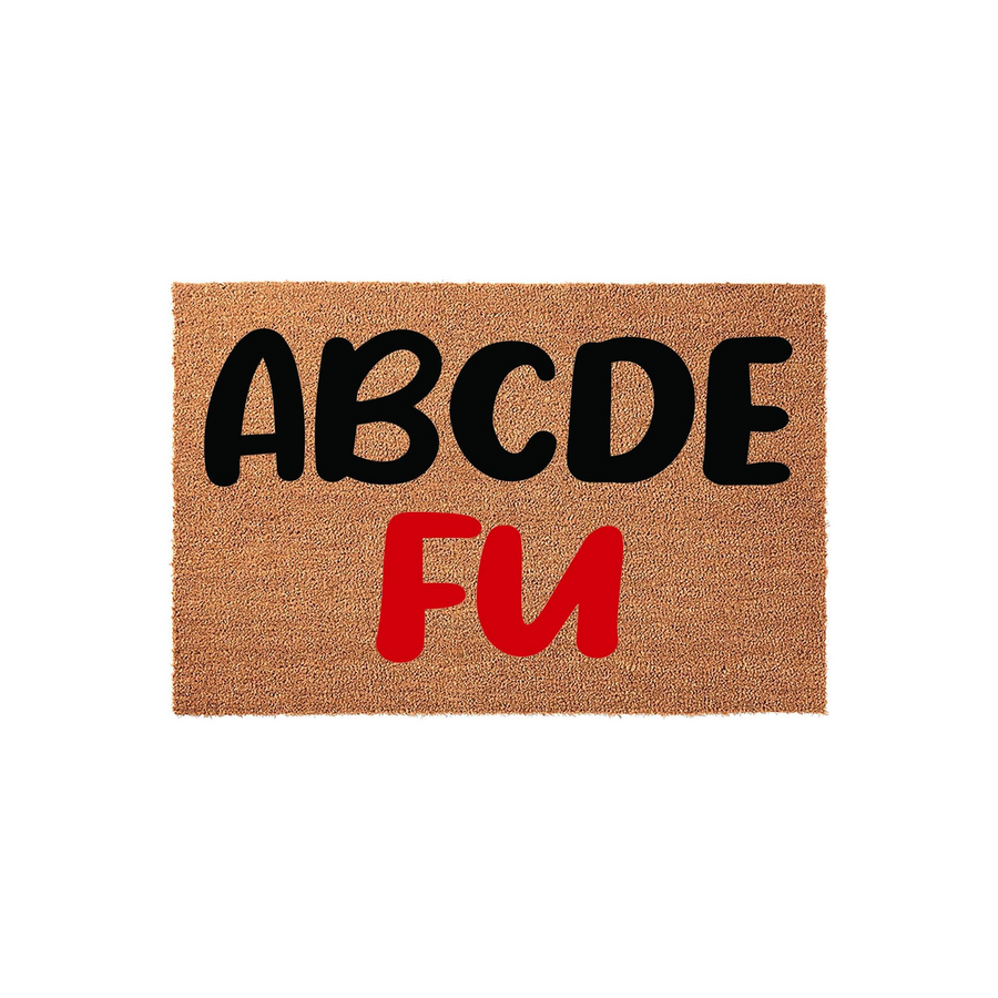 Funny ABCDE FU doormat made of natural coir fibers, featuring bold black and red lettering on a textured brown background, designed to add a humorous and sarcastic touch to your front porch entryway decor for guests.