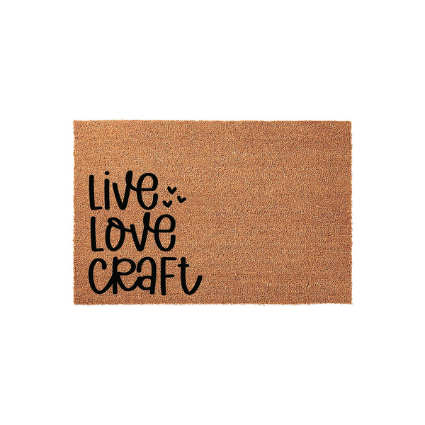 Live Love Craft Coir Doormat featuring a natural brown fiber texture and bold black lettering that reads Live Love Craft, making it a fun and functional addition to any creative workspace or home entryway for those who love to