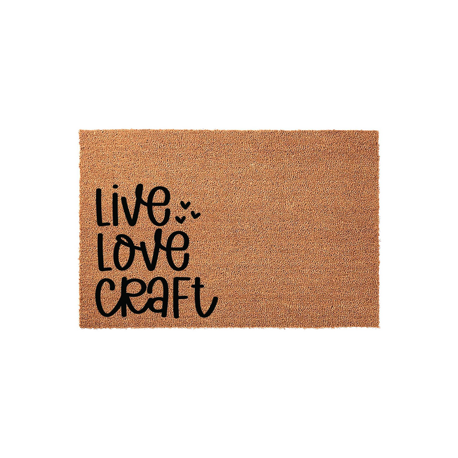 Live Love Craft Coir Doormat featuring a natural brown fiber texture and bold black lettering that reads Live Love Craft, making it a fun and functional addition to any creative workspace or home entryway for those who love to