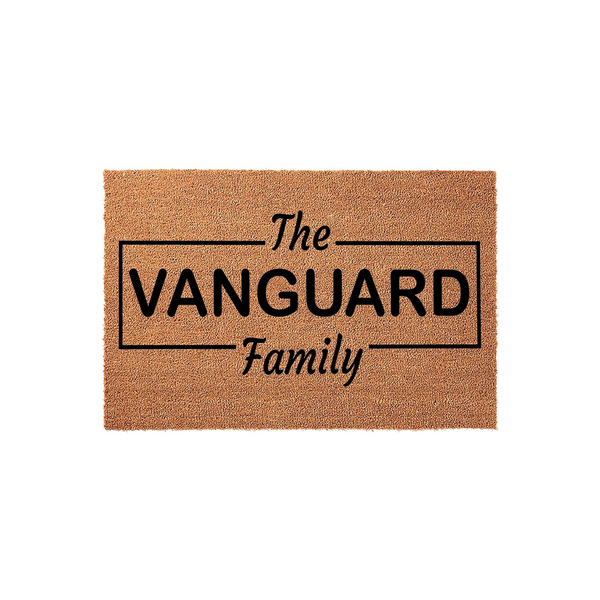 Personalized family name coir doormat featuring a rectangular border design with the text The Family centered in a clean, modern font against a natural brown coconut fiber background for a welcoming front porch entrance.