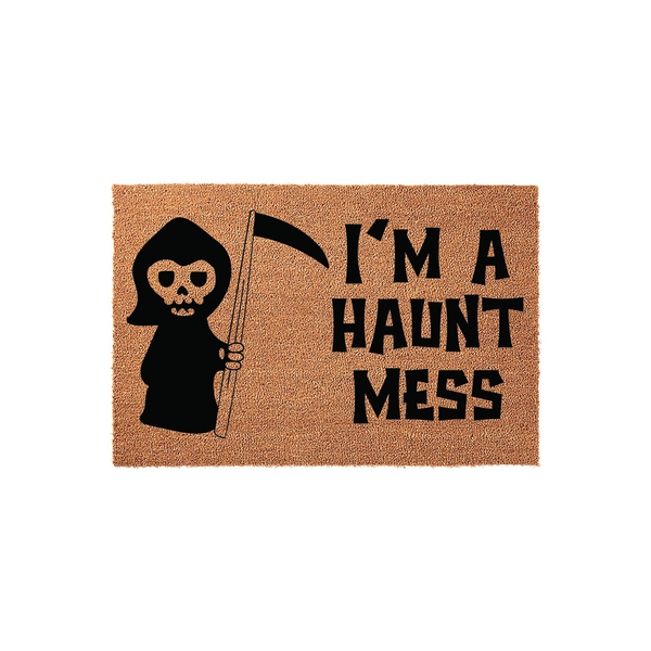 Funny Halloween Doormat featuring a cute cartoon grim reaper holding a scythe and the text I'm A Haunt Mess printed in bold black letters on a natural coir fiber background, perfect for seasonal front porch decor and spooky home