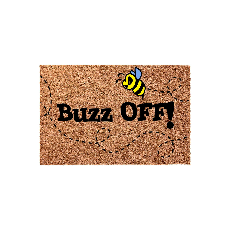 Funny Bee Buzz Off Doormat featuring a cute yellow and black bumblebee illustration with a dashed flight path printed on a natural coir fiber mat, creating a humorous and welcoming entrance for your front porch or home entryway