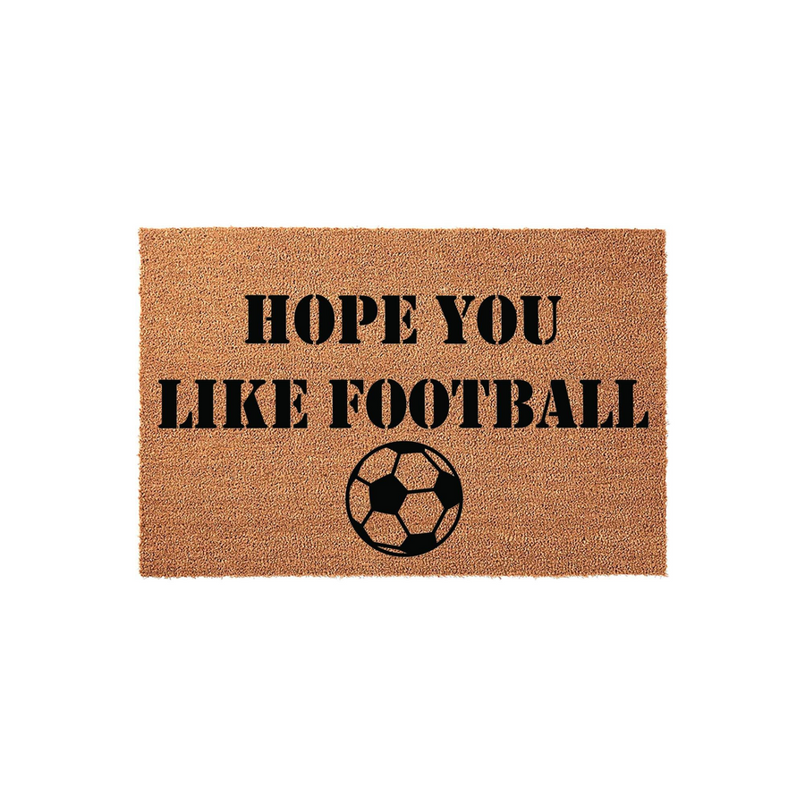 Hope You Like Football coir doormat featuring bold black text and a soccer ball graphic centered on a natural brown fiber background, perfect for a sports fan home entrance or a fun outdoor porch decor addition for any soccer