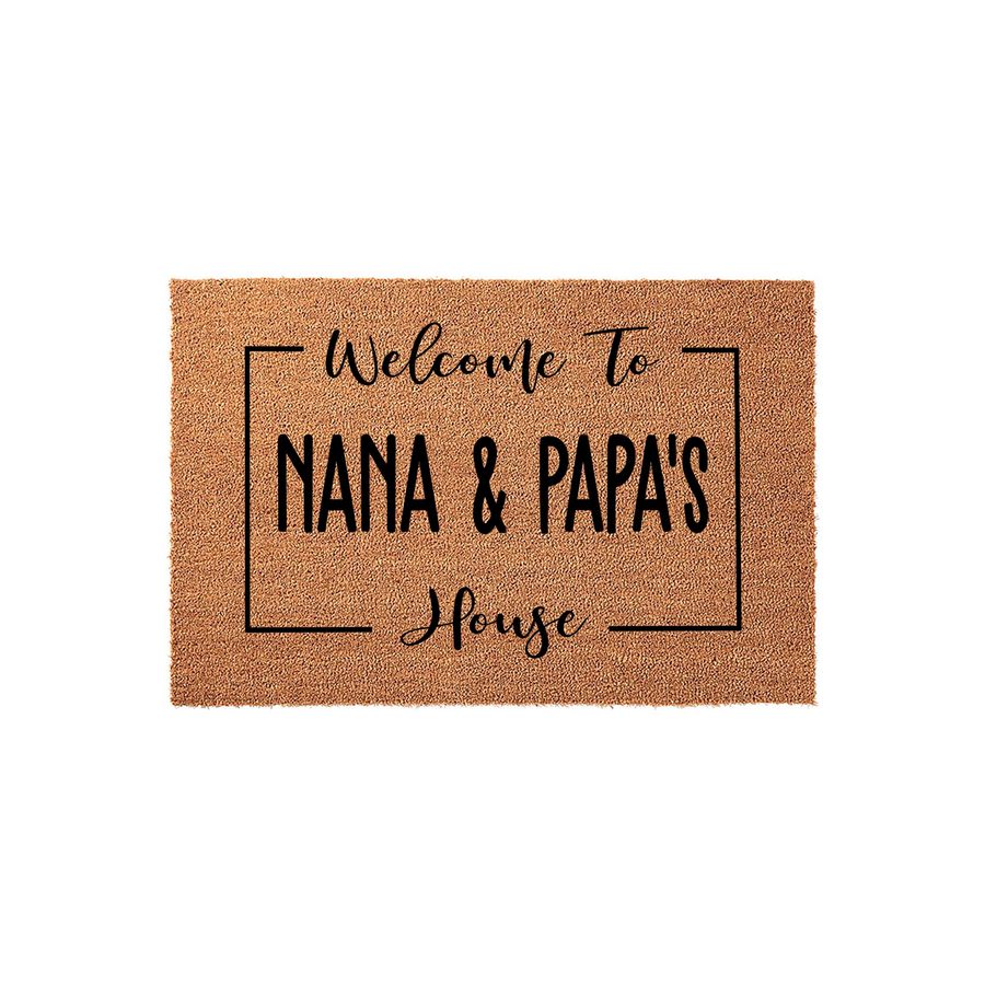 Personalized Nana and Papa coir doormat featuring a natural brown fiber texture with black text that reads Welcome To Nana and Papa's House, framed by a simple rectangular border on a clean white background for a classic entryway