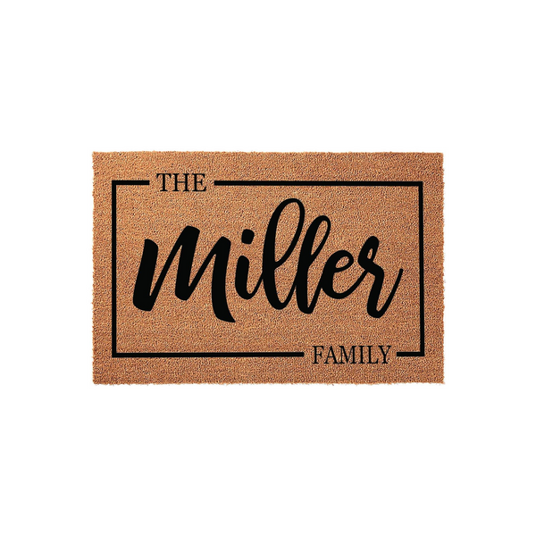 Personalized coir doormat featuring a custom family name printed in black script inside a clean rectangular border, providing a welcoming and durable entrance decor piece for any home entryway or front porch setting.
