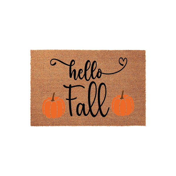 Hello Fall pumpkin coir doormat featuring a natural tan fiber texture with black cursive lettering and two bright orange pumpkins, creating a festive seasonal entryway decor piece for your front porch during the autumn season.