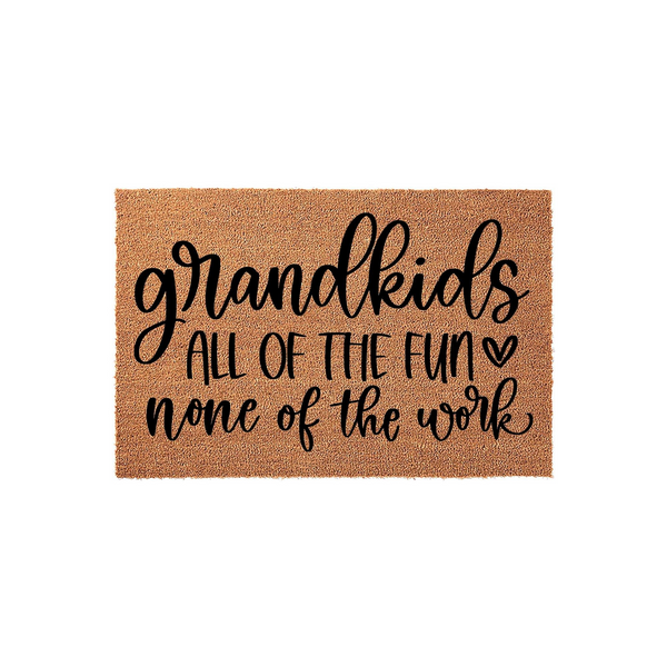 Grandkids doormat featuring a natural coir texture and black script lettering that reads, Grandkids, all of the fun, none of the work, making it a humorous and welcoming front porch decor piece for any proud grandparent to