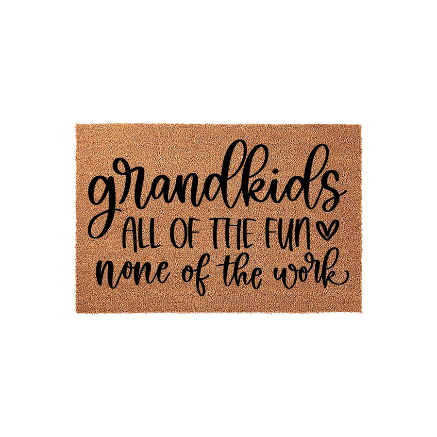 Grandkids doormat featuring a natural coir texture and black script lettering that reads, Grandkids, all of the fun, none of the work, making it a humorous and welcoming front porch decor piece for any proud grandparent to