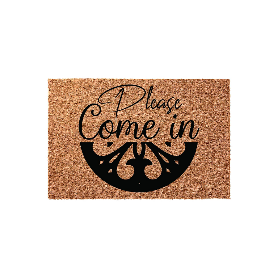Please Come In coir doormat featuring a natural tan fiber texture and elegant black script lettering, accented by a decorative black filigree half-circle design at the bottom for a welcoming touch to any front porch or entryway
