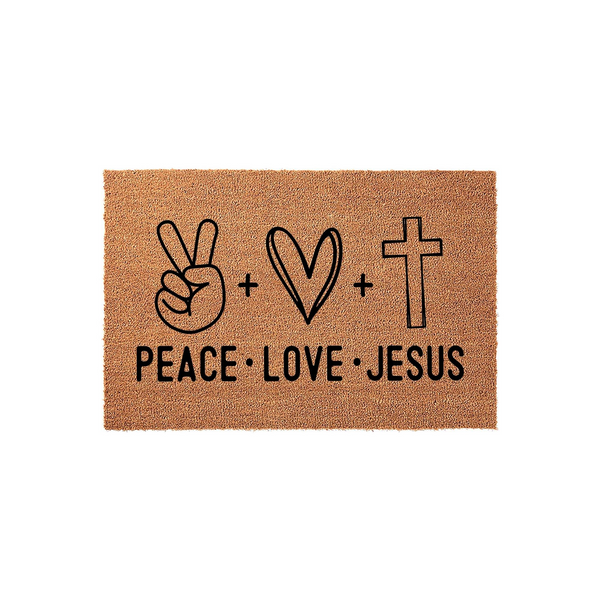Peace Love Jesus Coir Doormat featuring a natural brown fiber texture with a black printed design of a peace sign, a heart, and a cross, accompanied by the text Peace Love Jesus centered on a clean white background for a modern
