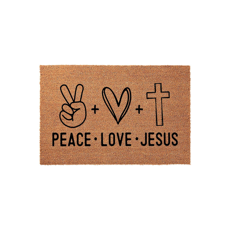 Peace Love Jesus Coir Doormat featuring a natural brown fiber texture with a black printed design of a peace sign, a heart, and a cross, accompanied by the text Peace Love Jesus centered on a clean white background for a modern