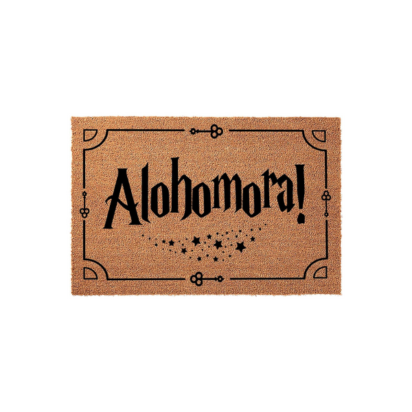 Alohomora Wizarding Themed Coir Doormat featuring a natural tan fiber texture with black ink lettering and magical key illustrations, designed to welcome guests to a home with a whimsical fantasy aesthetic on a plain white