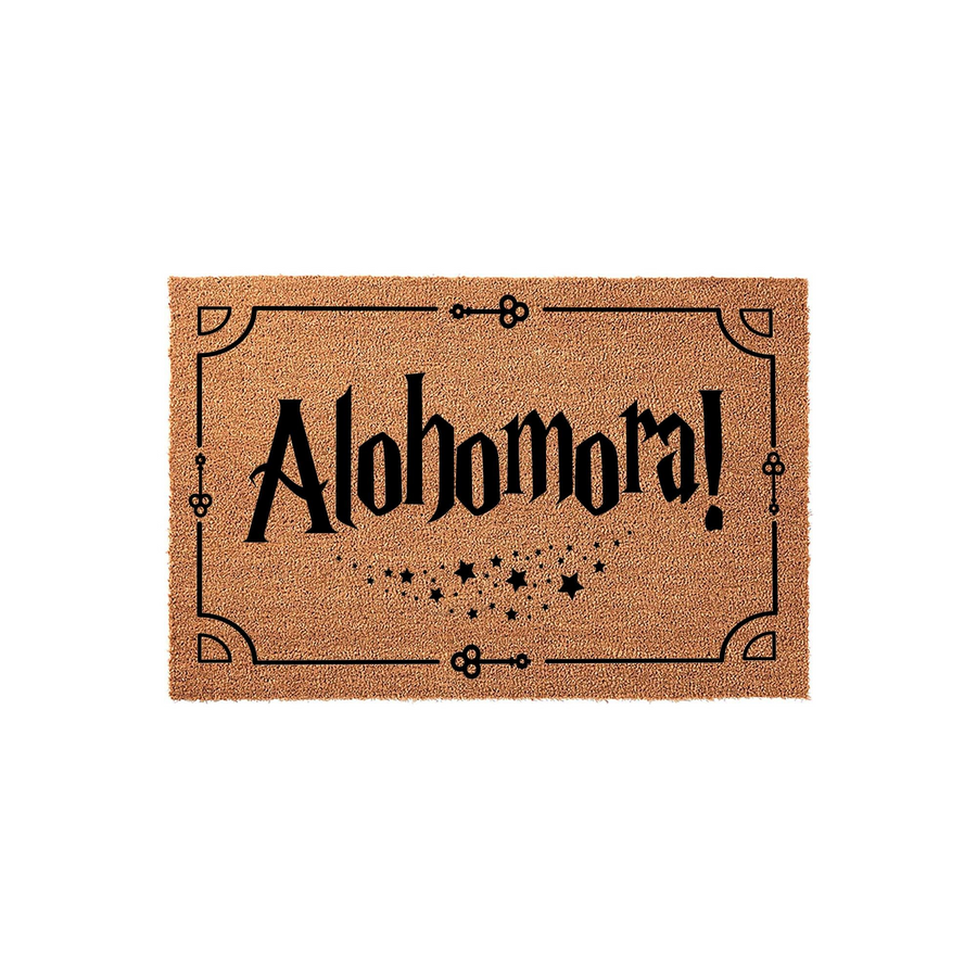 Alohomora Wizarding Themed Coir Doormat featuring a natural tan fiber texture with black ink lettering and magical key illustrations, designed to welcome guests to a home with a whimsical fantasy aesthetic on a plain white