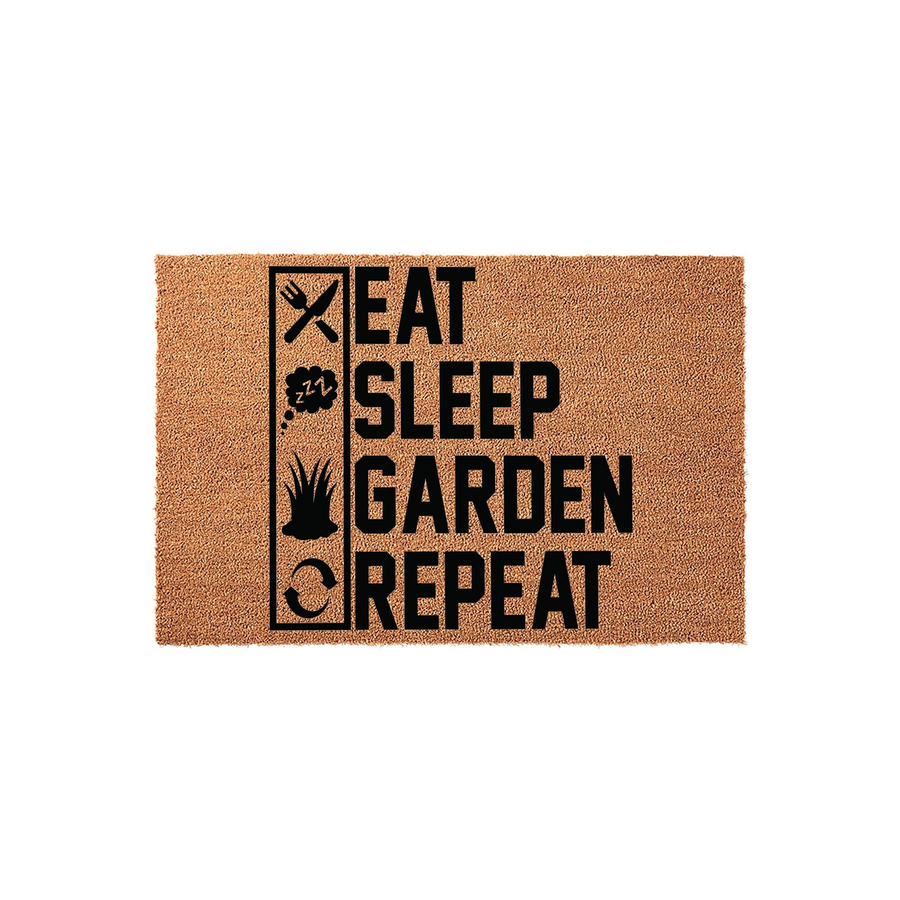 Eat Sleep Garden Repeat coir doormat featuring a vertical column of black icons for eating, sleeping, gardening, and repeating, printed on a natural tan textured fiber background for a fun outdoor entryway or porch decor