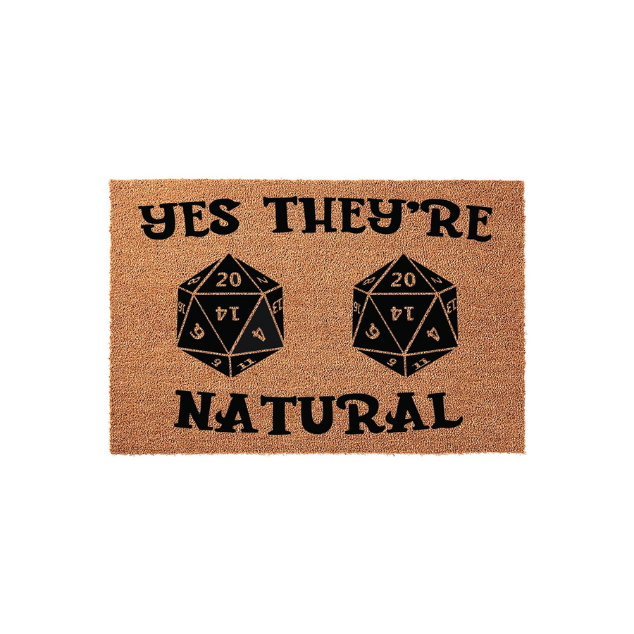 Dungeons and Dragons themed coir doormat featuring two black twenty-sided dice icons and the text Yes They're Natural, designed for tabletop gaming fans who want a fun and nerdy welcome mat for their home entrance or gaming room