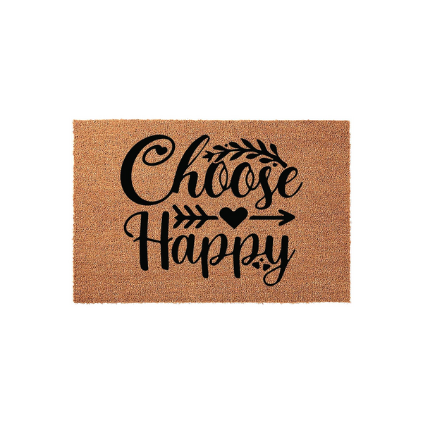 Choose Happy natural coir doormat featuring black script lettering, a decorative leafy branch accent, and a central heart icon with arrows, displayed against a clean white background for a welcoming front porch entryway decor