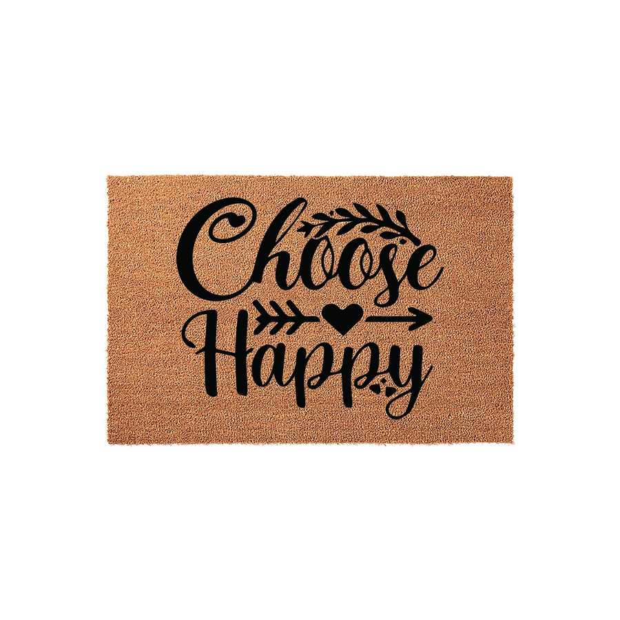 Choose Happy natural coir doormat featuring black script lettering, a decorative leafy branch accent, and a central heart icon with arrows, displayed against a clean white background for a welcoming front porch entryway decor