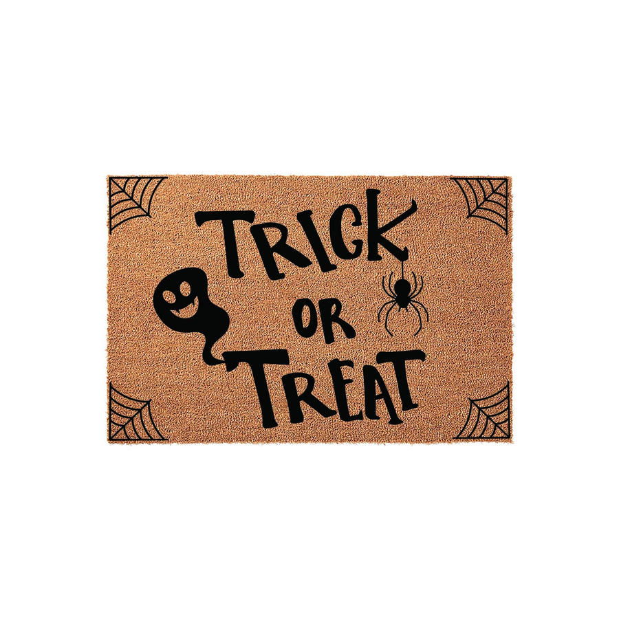 Trick or Treat Halloween doormat made of natural coir fiber, featuring a black ghost, a hanging spider, and corner spiderweb designs on a plain white background for a festive seasonal entryway decoration.