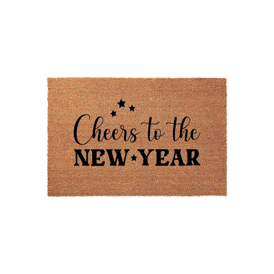 Cheers to the New Year coir doormat featuring a natural brown fiber texture with black printed text and small star accents, perfect for a festive holiday entryway decoration during the winter season and New Year celebrations.