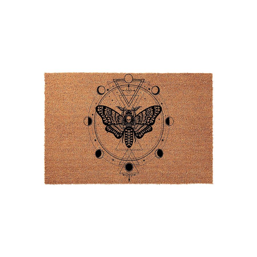 Celestial Moth Doormat featuring a detailed black ink illustration of a death's-head hawkmoth centered within geometric shapes and lunar moon phases, printed on a natural tan coir fiber mat against a clean white studio background.