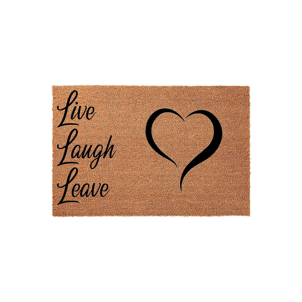 Live Laugh Leave coir doormat featuring a natural brown fiber texture and bold black script lettering on the left side, accompanied by a large, elegant black heart icon on the right for a modern and humorous entryway decor accent.