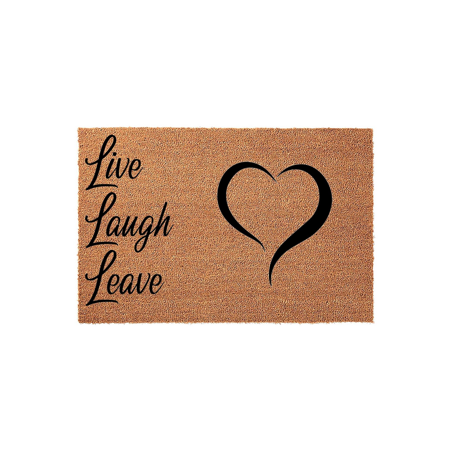Live Laugh Leave coir doormat featuring a natural brown fiber texture and bold black script lettering on the left side, accompanied by a large, elegant black heart icon on the right for a modern and humorous entryway decor accent.
