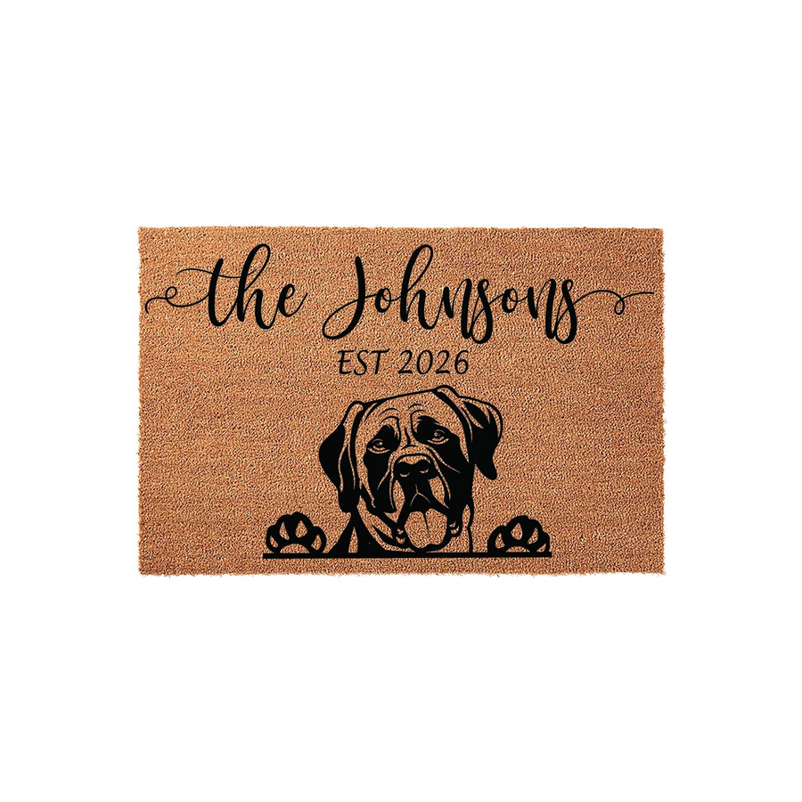 Personalized Mastiff dog doormat featuring a natural coir texture with a black printed illustration of a Mastiff peeking over the edge, customized with a family name and established year in elegant script and classic block