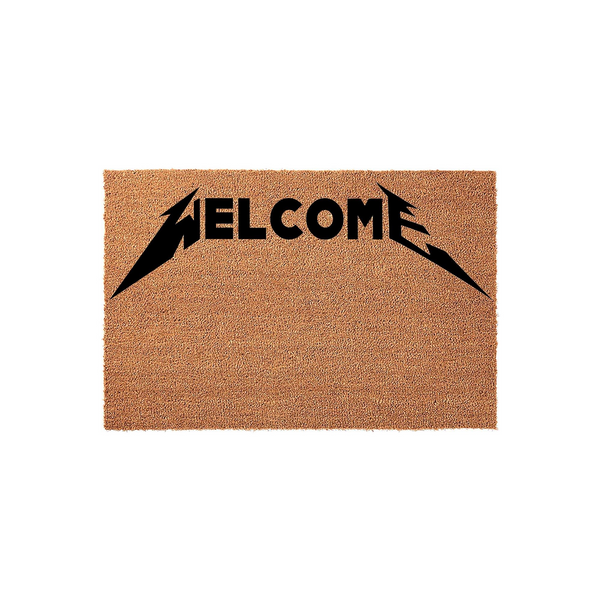Heavy metal style welcome doormat featuring the word Welcome printed in a bold, iconic rock band font on a natural tan coir fiber background, creating a unique and edgy entryway decor piece for any music fan's home front porch.