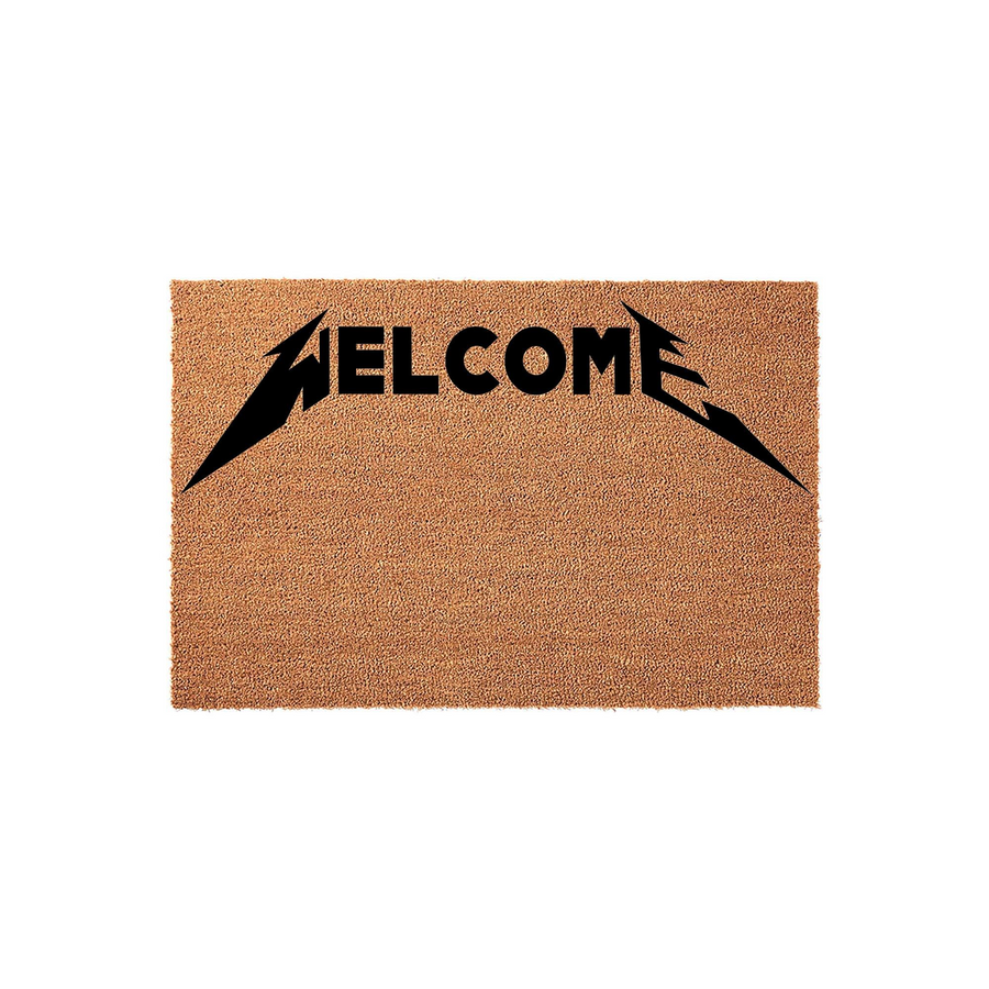 Heavy metal style welcome doormat featuring the word Welcome printed in a bold, iconic rock band font on a natural tan coir fiber background, creating a unique and edgy entryway decor piece for any music fan's home front porch.