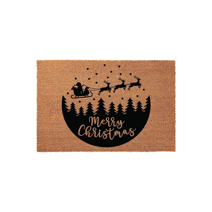 Merry Christmas coir doormat featuring a black silhouette of Santa in his sleigh pulled by reindeer flying over a pine forest, set against a natural tan textured background for a festive holiday entryway decoration.