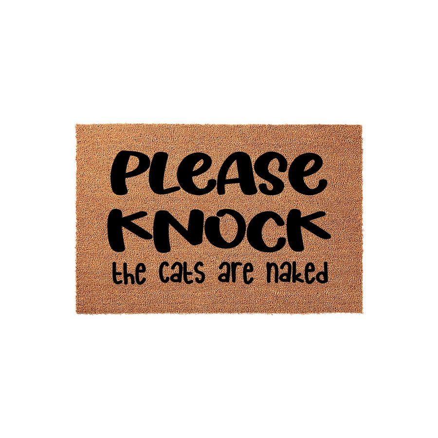 Funny Cat Welcome Doormat featuring a natural coir texture with bold black text that reads Please Knock the cats are naked, making it a humorous and functional entryway rug for any cat lover who wants to greet their guests with a