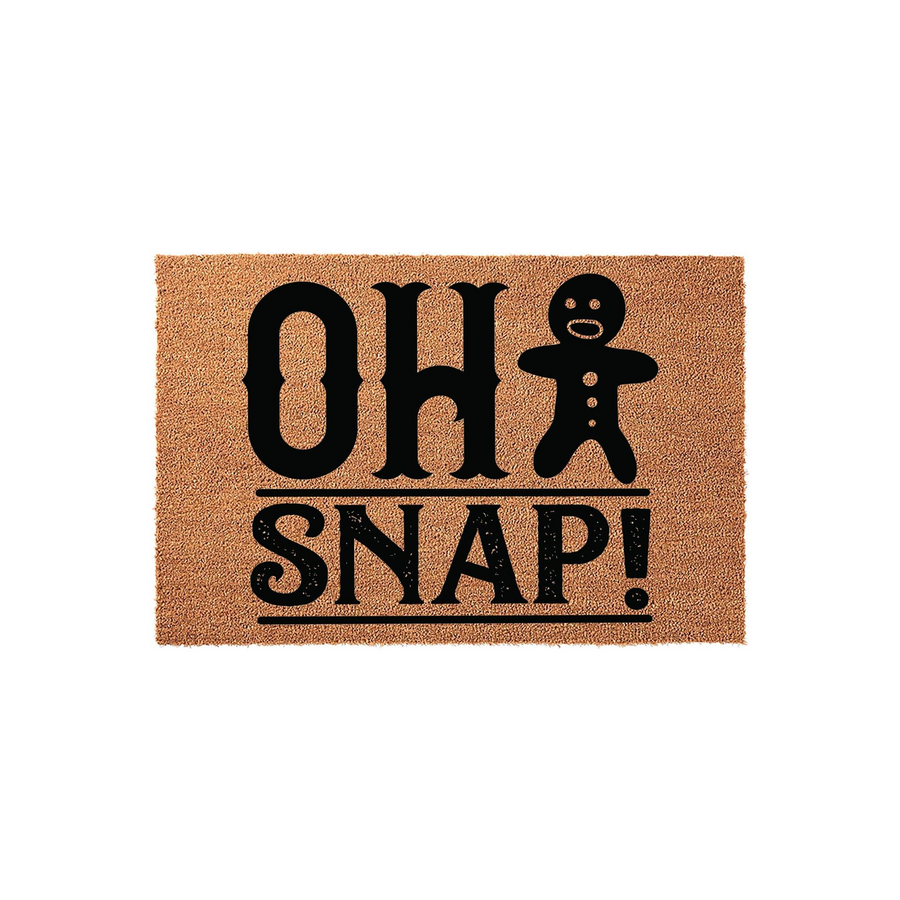 Oh Snap Gingerbread Man Christmas Doormat featuring a natural coir texture with bold black text and a cute cookie character, making this a festive holiday welcome mat for your front porch decor during the winter season.