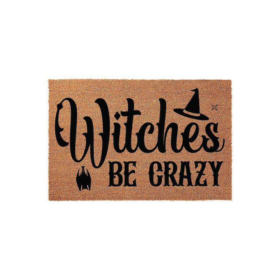 Witches Be Crazy Halloween Doormat featuring a natural coir texture with bold black text, a witch hat icon, and a small bat silhouette, making it a fun and festive outdoor welcome mat for your front porch during the spooky fall