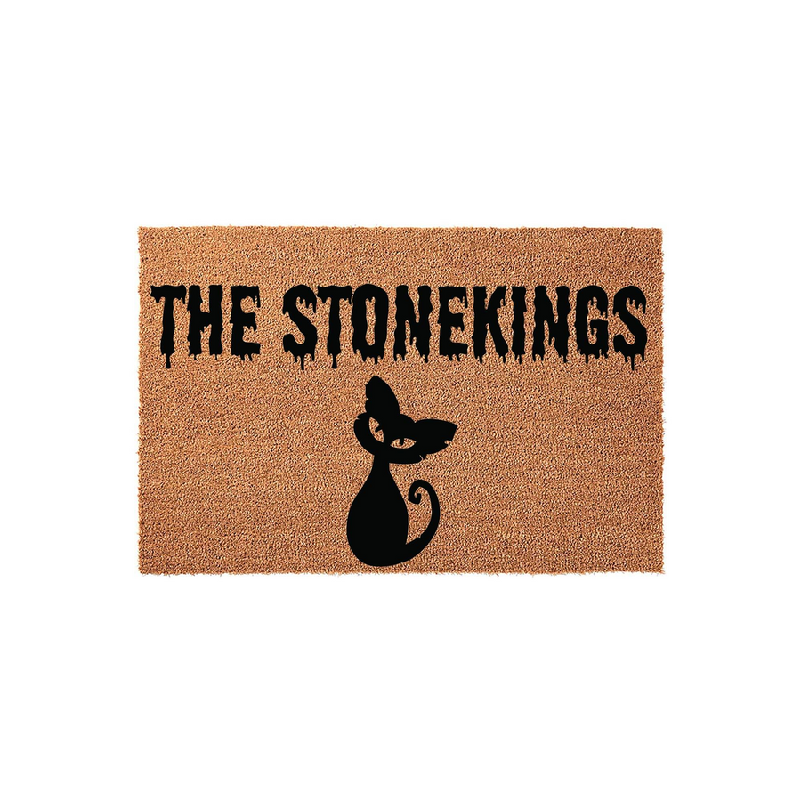Personalized Halloween doormat featuring a spooky black cat silhouette and custom family name text in a dripping font, set against a natural coir fiber background for a festive and welcoming entryway decor piece for the fall