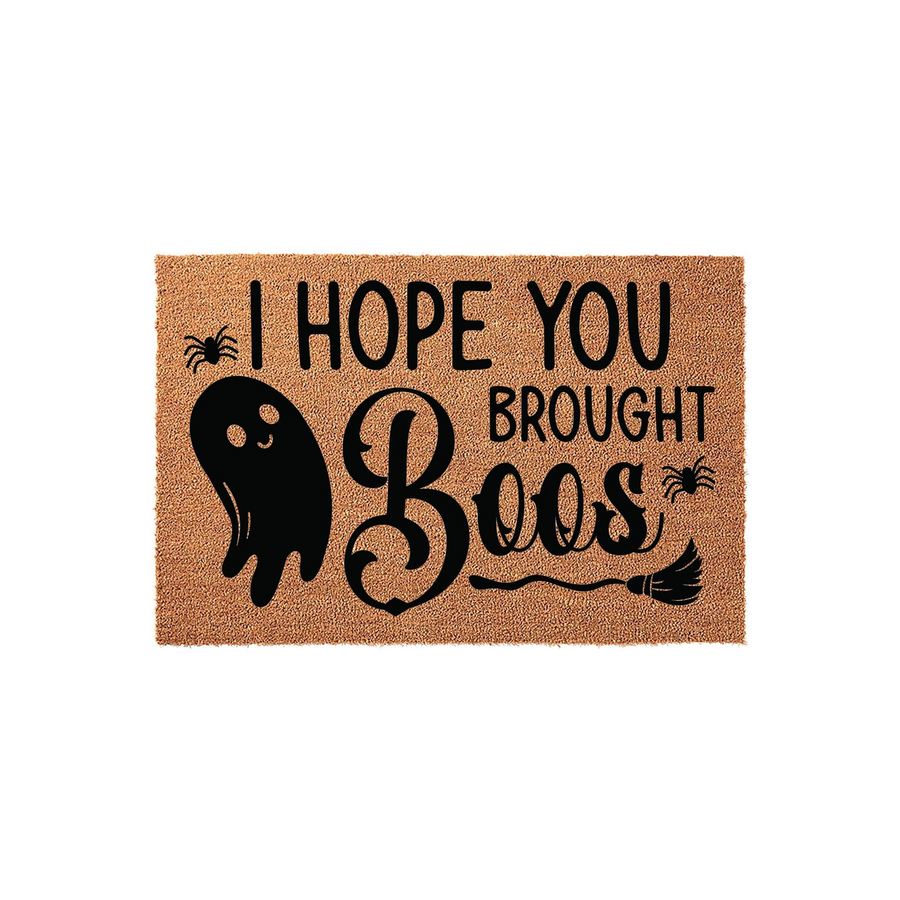 I Hope You Brought Boos Halloween Doormat featuring a cute black ghost, a witch broom, and small spiders printed on a natural tan coir fiber mat, creating a fun and festive entryway decoration for the spooky fall holiday season.