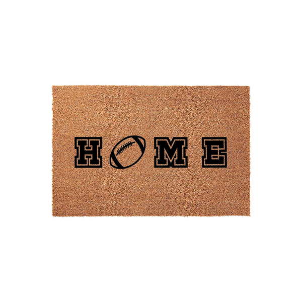 Football Home Coir Doormat featuring a natural brown fiber texture with the word HOME printed in bold black letters, where the letter O is replaced by a detailed football graphic for a sporty front porch entrance decor style.