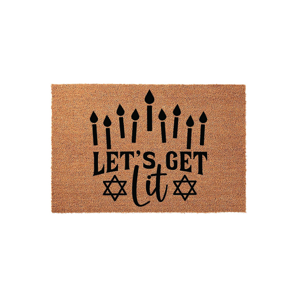 Hanukkah Doormat with Let's Get Lit text and a menorah candle design, featuring a natural coir texture on a plain white background, perfect for a festive holiday entryway decoration that celebrates the Jewish festival of lights.
