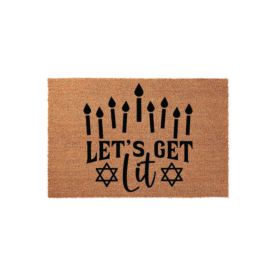 Hanukkah Doormat with Let's Get Lit text and a menorah candle design, featuring a natural coir texture on a plain white background, perfect for a festive holiday entryway decoration that celebrates the Jewish festival of lights.