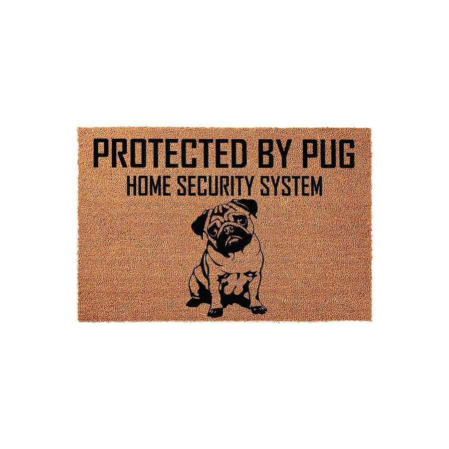 Protected by Pug Home Security System coir doormat featuring a black silhouette illustration of a sitting pug dog on a natural tan fiber background, creating a humorous and welcoming entrance for any dog lover's front porch or