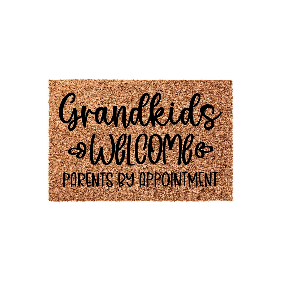 Grandkids Welcome Parents By Appointment coir doormat featuring a natural tan fiber texture and bold black lettering, making a fun and humorous front porch decor piece for any grandparent who loves hosting their grandchildren at