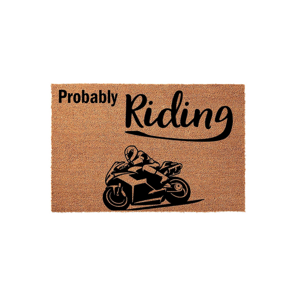 Probably Riding motorcycle coir doormat featuring a black graphic of a sportbike rider on a natural tan textured background, making it a fun outdoor entrance mat for any motorcycle enthusiast who loves to spend time on their bike.