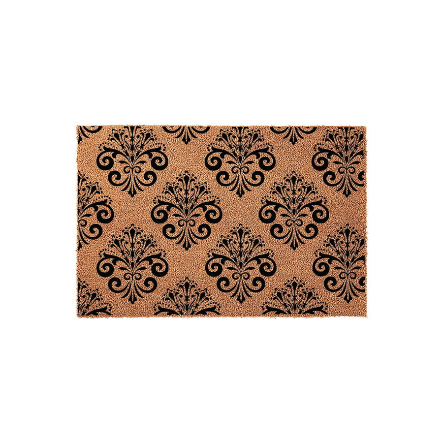 Damask Pattern Coir Doormat featuring a natural tan fiber texture with a repeating black ornate floral design, providing a sophisticated and elegant look for a front porch entryway or home decor setting on a clean white