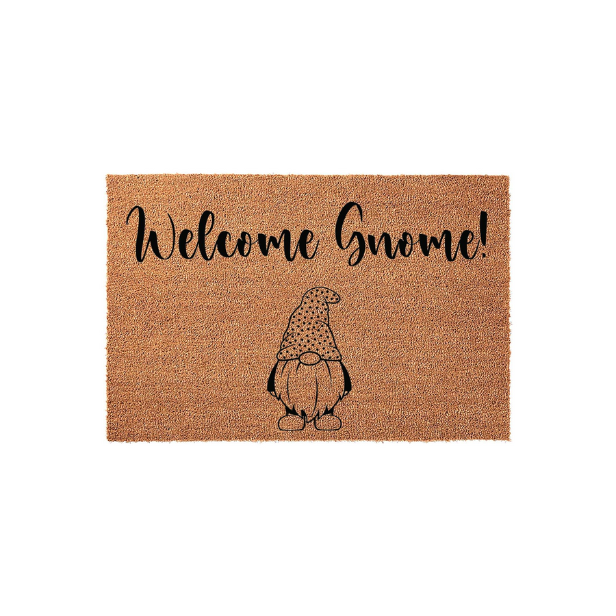 Welcome Gnome Coir Doormat featuring a whimsical black line art illustration of a garden gnome with a polka dot hat, centered above the playful text Welcome Gnome printed in a stylish script font on a natural brown fiber