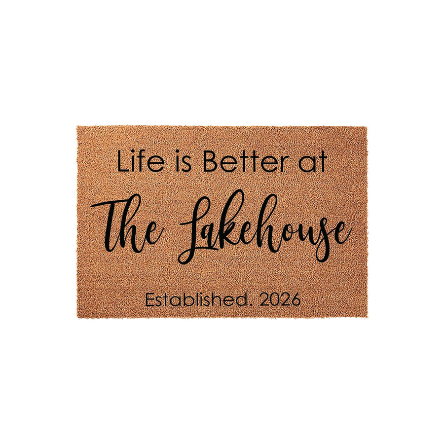 Personalized Lakehouse Coir Doormat featuring the text Life is Better at the Lakehouse and an established year, presented on a natural tan textured fiber background that is ideal for a rustic cabin or lake home entryway decor.