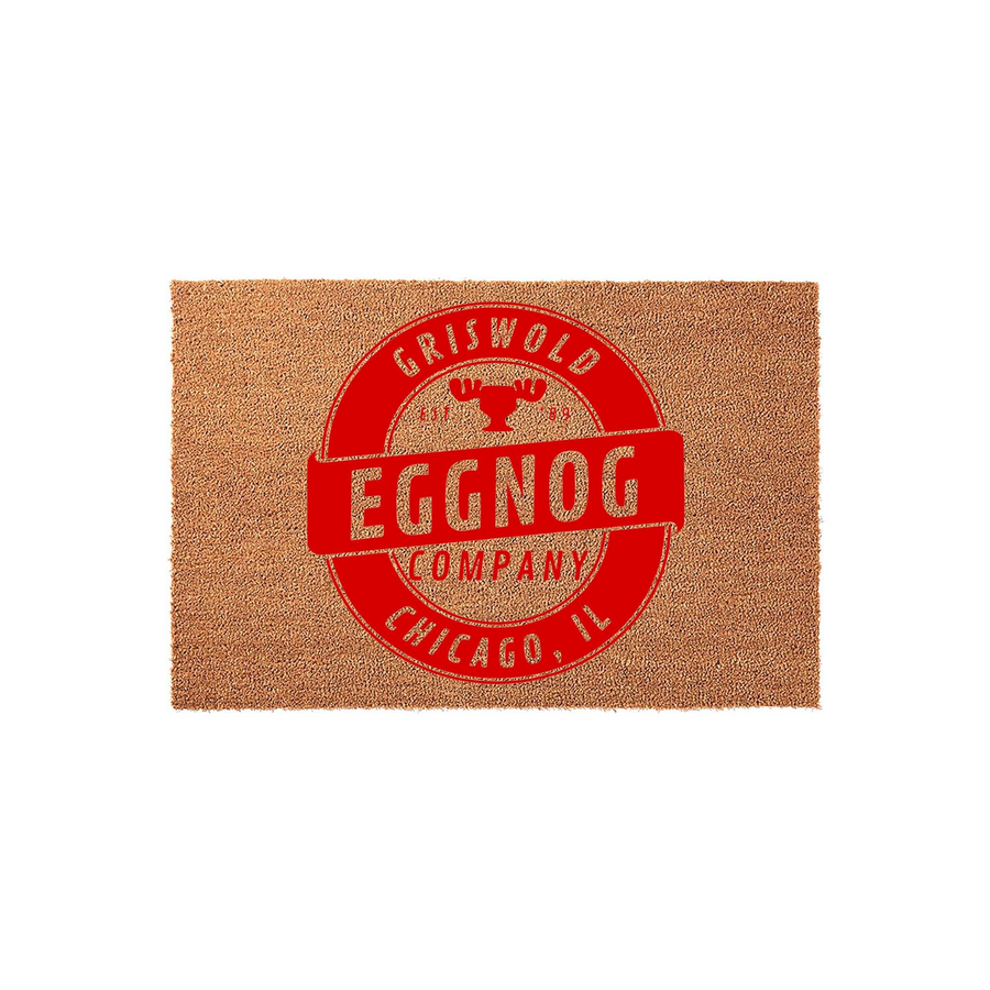 Griswold Eggnog Company Chicago IL Christmas doormat featuring a festive red circular logo with a moose silhouette printed on a natural tan coir fiber mat, perfect for adding a humorous holiday touch to your front porch entryway
