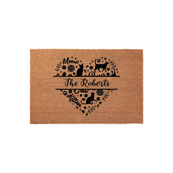 Personalized Cat Lover Coir Doormat featuring a heart-shaped design with silhouettes of cats, yarn balls, and the word Meow, centered with a custom family name on a durable natural brown coconut fiber mat for a charming entryway.