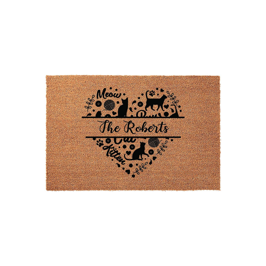 Personalized Cat Lover Coir Doormat featuring a heart-shaped design with silhouettes of cats, yarn balls, and the word Meow, centered with a custom family name on a durable natural brown coconut fiber mat for a charming entryway.