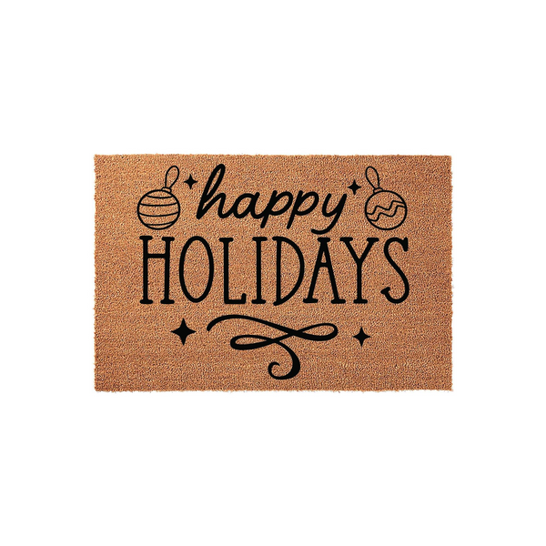 Happy Holidays coir doormat featuring a natural brown fiber texture with black printed text and festive ornament illustrations, creating a welcoming seasonal entryway decor piece for your front porch during the winter season.