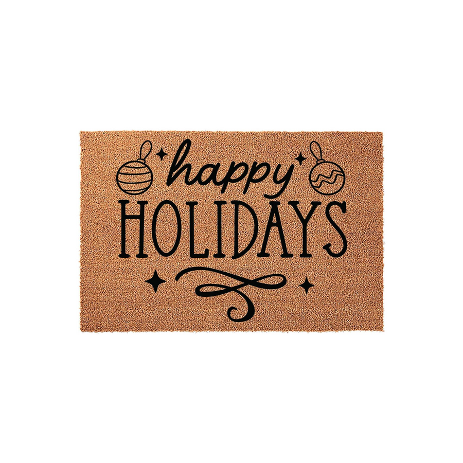 Happy Holidays coir doormat featuring a natural brown fiber texture with black printed text and festive ornament illustrations, creating a welcoming seasonal entryway decor piece for your front porch during the winter season.